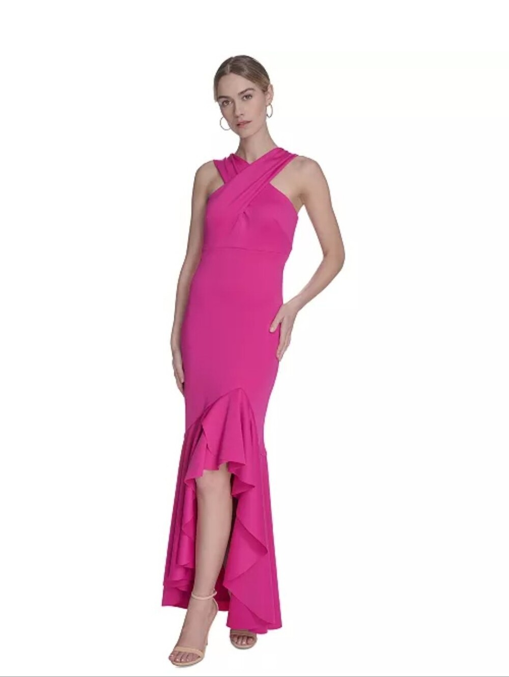 Eliza J NWT Fuchsia Pink High Low Ruffle Maxi Gown Dress Size 12 $188 Wedding